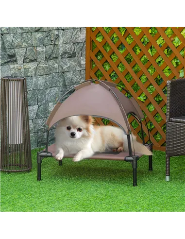 PawHut Raised Dog Bed Waterproof Elevated Pet Cot with Breathable Mesh UV Protection Canopy Brown, for Small Dogs, 61 x 46 x 62c