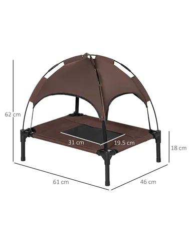 PawHut Raised Dog Bed Waterproof Elevated Pet Cot with Breathable Mesh UV Protection Canopy Brown, for Small Dogs, 61 x 46 x 62c