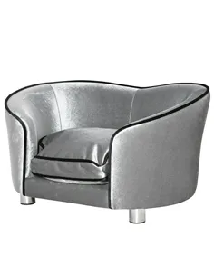 PawHut Dog Sofa Pet Chair, Kitten Bed Couch w/ Wooden Frame, Removable Cushion - Silver-Tone and Grey