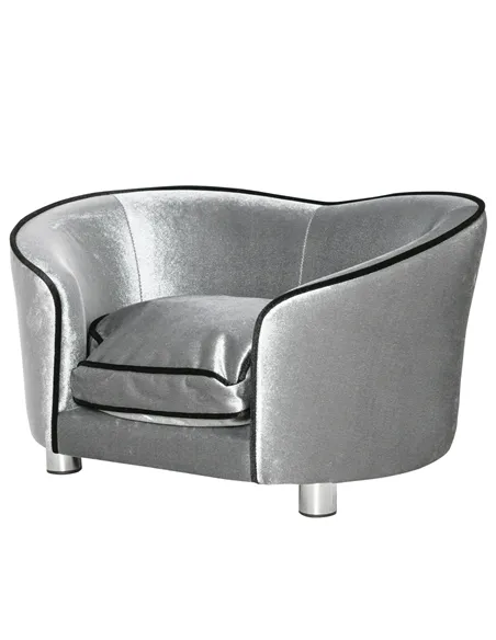 PawHut Dog Sofa Pet Chair, Kitten Bed Couch w/ Wooden Frame, Removable Cushion - Silver-Tone and Grey