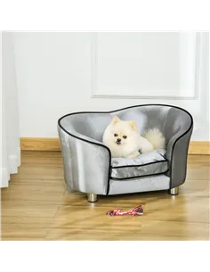 PawHut Dog Sofa Pet Chair, Kitten Bed Couch w/ Wooden Frame, Removable Cushion - Silver-Tone and Grey 2