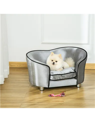 PawHut Dog Sofa Pet Chair, Kitten Bed Couch w/ Wooden Frame, Removable Cushion - Silver-Tone and Grey