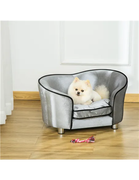 PawHut Dog Sofa Pet Chair, Kitten Bed Couch w/ Wooden Frame, Removable Cushion - Silver-Tone and Grey