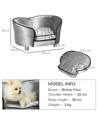 PawHut Dog Sofa Pet Chair, Kitten Bed Couch w/ Wooden Frame, Removable Cushion - Silver-Tone and Grey