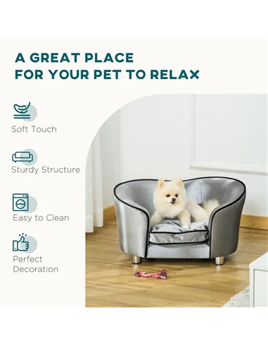 PawHut Dog Sofa Pet Chair, Kitten Bed Couch w/ Wooden Frame, Removable Cushion - Silver-Tone and Grey