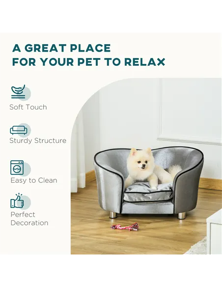 PawHut Dog Sofa Pet Chair, Kitten Bed Couch w/ Wooden Frame, Removable Cushion - Silver-Tone and Grey