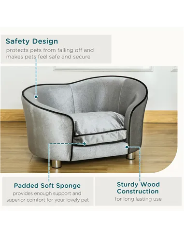 PawHut Dog Sofa Pet Chair, Kitten Bed Couch w/ Wooden Frame, Removable Cushion - Silver-Tone and Grey