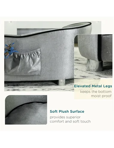 PawHut Dog Sofa Pet Chair, Kitten Bed Couch w/ Wooden Frame, Removable Cushion - Silver-Tone and Grey