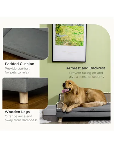 PawHut Dog Sofa, with Wooden Legs, Water-Resistant Fabric, for Medium & Large Dogs - Grey
