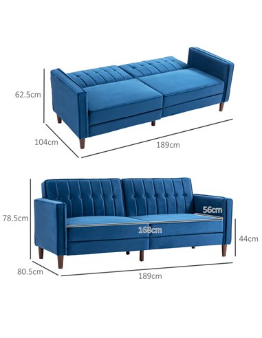 HOMCOM Velvet-Feel Three-Seater Sofa Bed - Blue