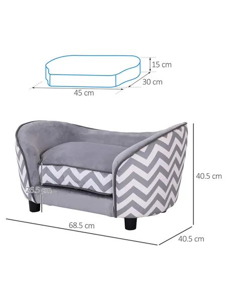 PawHut Dog Sofa Pet Couch for XS Dogs w/ Removable Sponge Padded Cushion - Grey