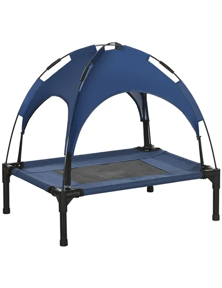 PawHut Raised Dog Bed Waterproof Elevated Pet Cot with Breathable Mesh UV Protection Canopy Blue, for Small Dogs, 61 x 46 x 62cm