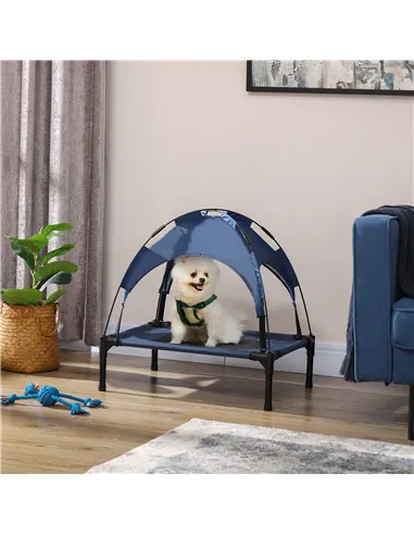 PawHut Raised Dog Bed Waterproof Elevated Pet Cot with Breathable Mesh UV Protection Canopy Blue, for Small Dogs, 61 x 46 x 62cm