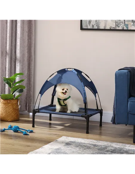 PawHut Raised Dog Bed Waterproof Elevated Pet Cot with Breathable Mesh UV Protection Canopy Blue, for Small Dogs, 61 x 46 x 62cm