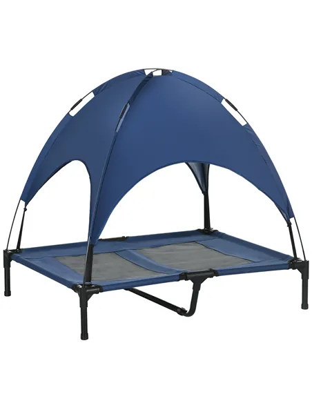 PawHut Raised Dog Bed Waterproof Elevated Pet Cot with Breathable Mesh UV Protection Canopy Blue, for Large Dogs, 92 x 76 x 90cm