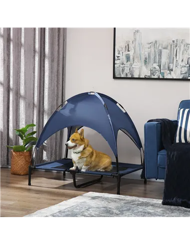 PawHut Raised Dog Bed Waterproof Elevated Pet Cot with Breathable Mesh UV Protection Canopy Blue, for Large Dogs, 92 x 76 x 90cm