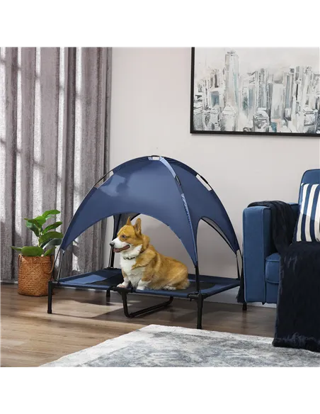 PawHut Raised Dog Bed Waterproof Elevated Pet Cot with Breathable Mesh UV Protection Canopy Blue, for Large Dogs, 92 x 76 x 90cm