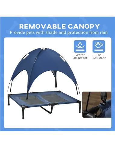 PawHut Raised Dog Bed Waterproof Elevated Pet Cot with Breathable Mesh UV Protection Canopy Blue, for Large Dogs, 92 x 76 x 90cm