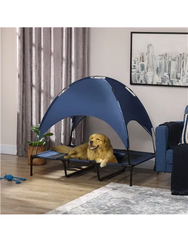 PawHut Raised Dog Bed Waterproof Elevated Pet Cot with Breathable Mesh UV Protection Canopy Blue, for XL Dogs, 122 x 92 x 108cm