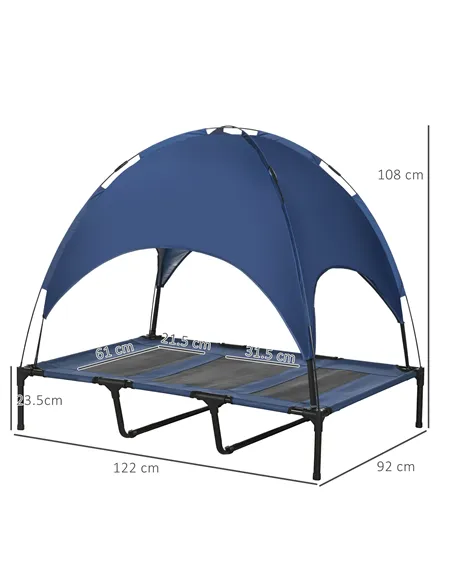PawHut Raised Dog Bed Waterproof Elevated Pet Cot with Breathable Mesh UV Protection Canopy Blue, for XL Dogs, 122 x 92 x 108cm