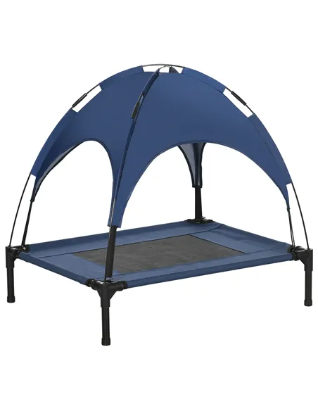 PawHut Raised Dog Bed Waterproof Elevated Pet Cot with Breathable Mesh UV Protection Canopy Blue, for Medium Dogs, 76 x 61 x 73c