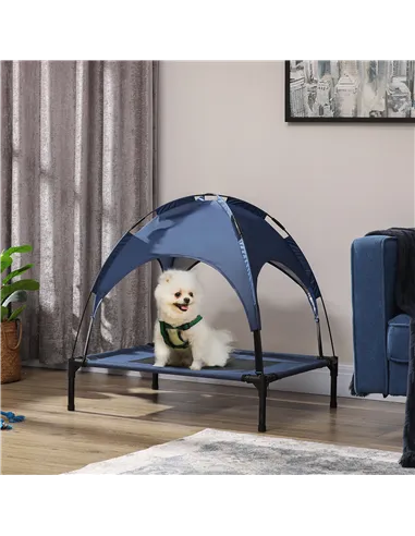 PawHut Raised Dog Bed Waterproof Elevated Pet Cot with Breathable Mesh UV Protection Canopy Blue, for Medium Dogs, 76 x 61 x 73c