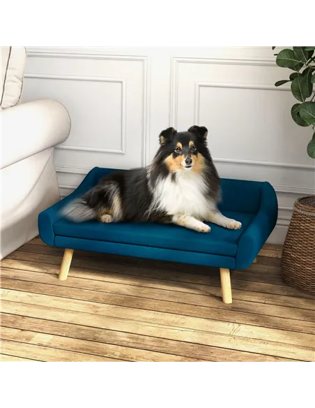 PawHut Dog Couch with Soft Cushion, Pet Sofa Bed with Wooden Frame, Removable Cover, for Medium and Large Dogs, Blue