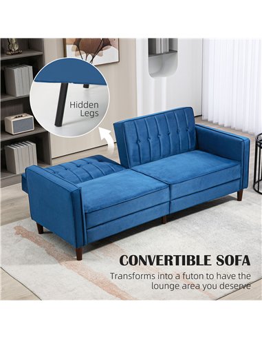 HOMCOM Velvet-Feel Three-Seater Sofa Bed - Blue