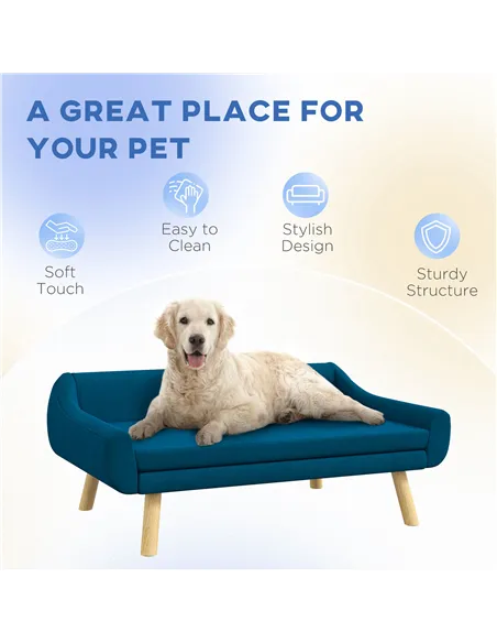 PawHut Dog Couch with Soft Cushion, Pet Sofa Bed with Wooden Frame, Removable Cover, for Medium and Large Dogs, Blue