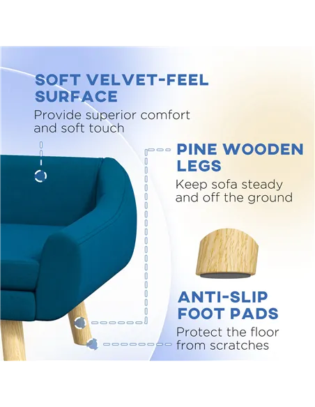 PawHut Dog Couch with Soft Cushion, Pet Sofa Bed with Wooden Frame, Removable Cover, for Medium and Large Dogs, Blue