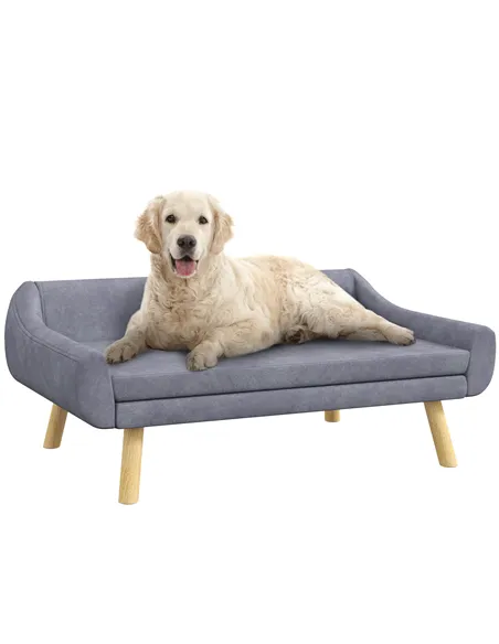 PawHut Dog Couch with Soft Cushion, Pet Sofa Bed with Wooden Frame, Removable Cover, for Medium and Large Dogs, Grey