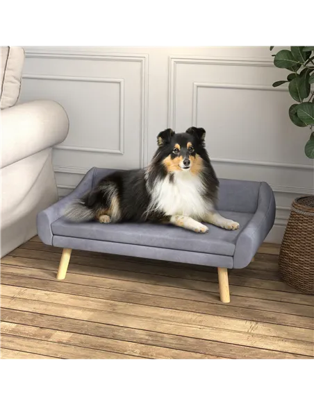PawHut Dog Couch with Soft Cushion, Pet Sofa Bed with Wooden Frame, Removable Cover, for Medium and Large Dogs, Grey