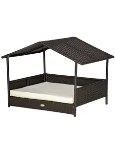 PawHut Wicker Dog House, Rattan Pet Bed, with Removable Cushion, Canopy, for Small and Medium Dogs - Cream