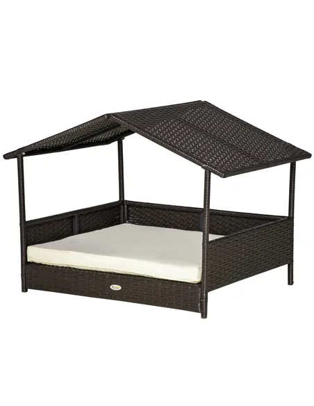 PawHut Wicker Dog House, Rattan Pet Bed, with Removable Cushion, Canopy, for Small and Medium Dogs - Cream