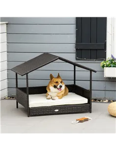 PawHut Wicker Dog House, Rattan Pet Bed, with Removable Cushion, Canopy, for Small and Medium Dogs - Cream 2
