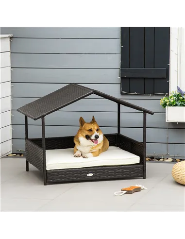 PawHut Wicker Dog House, Rattan Pet Bed, with Removable Cushion, Canopy, for Small and Medium Dogs - Cream