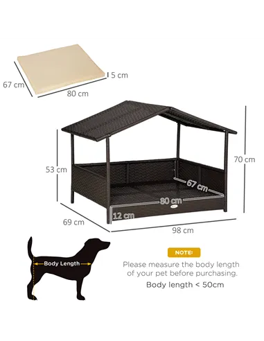 PawHut Wicker Dog House, Rattan Pet Bed, with Removable Cushion, Canopy, for Small and Medium Dogs - Cream