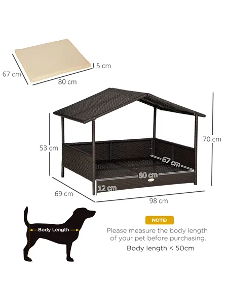 PawHut Wicker Dog House, Rattan Pet Bed, with Removable Cushion, Canopy, for Small and Medium Dogs - Cream
