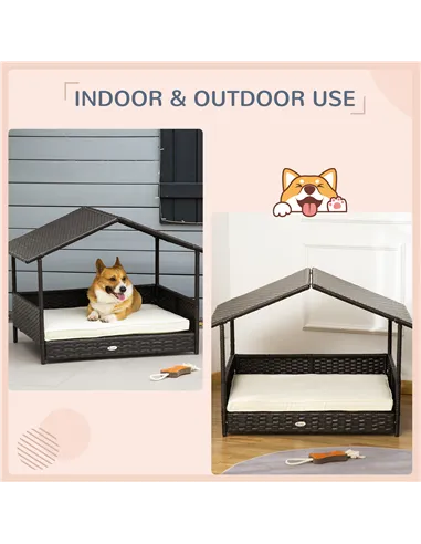 PawHut Wicker Dog House, Rattan Pet Bed, with Removable Cushion, Canopy, for Small and Medium Dogs - Cream