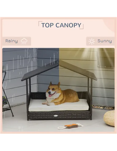 PawHut Wicker Dog House, Rattan Pet Bed, with Removable Cushion, Canopy, for Small and Medium Dogs - Cream