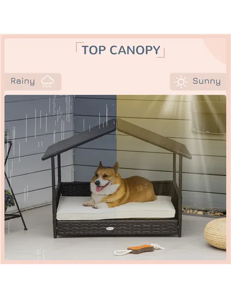 PawHut Wicker Dog House, Rattan Pet Bed, with Removable Cushion, Canopy, for Small and Medium Dogs - Cream