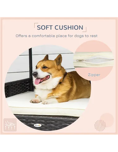 PawHut Wicker Dog House, Rattan Pet Bed, with Removable Cushion, Canopy, for Small and Medium Dogs - Cream