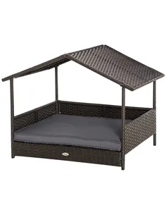 PawHut Wicker Dog Bed, Elevated Rattan Dog House with Removable Cushion and Canopy, for Small and Medium Dogs, 98 x 69 x 70cm - 