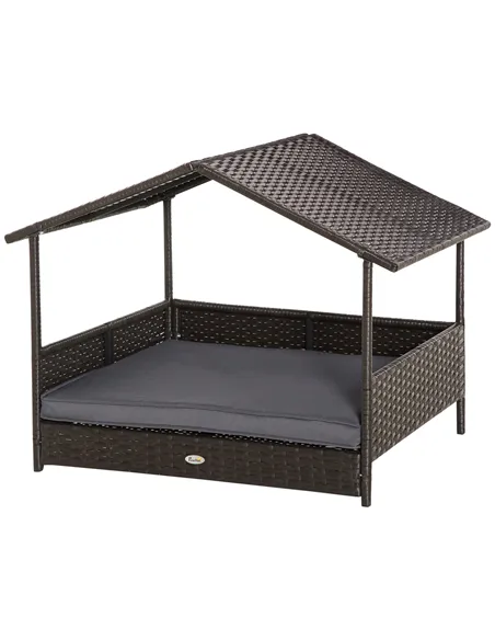 PawHut Wicker Dog Bed, Elevated Rattan Dog House with Removable Cushion and Canopy, for Small and Medium Dogs, 98 x 69 x 70cm - 