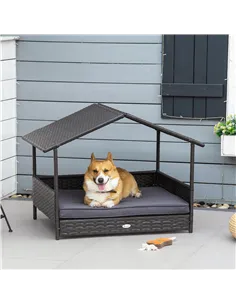 PawHut Wicker Dog Bed, Elevated Rattan Dog House with Removable Cushion and Canopy, for Small and Medium Dogs, 98 x 69 x 70cm -  2