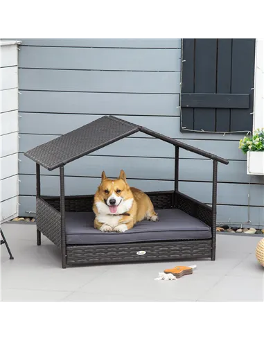 PawHut Wicker Dog Bed, Elevated Rattan Dog House with Removable Cushion and Canopy, for Small and Medium Dogs, 98 x 69 x 70cm - 