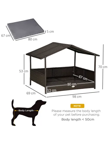 PawHut Wicker Dog Bed, Elevated Rattan Dog House with Removable Cushion and Canopy, for Small and Medium Dogs, 98 x 69 x 70cm - 