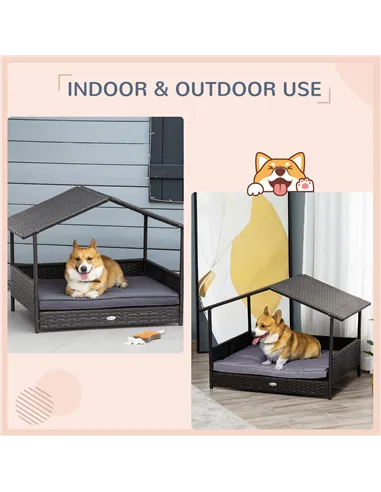 PawHut Wicker Dog Bed, Elevated Rattan Dog House with Removable Cushion and Canopy, for Small and Medium Dogs, 98 x 69 x 70cm - 
