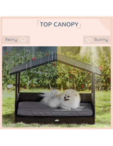 PawHut Wicker Dog Bed, Elevated Rattan Dog House with Removable Cushion and Canopy, for Small and Medium Dogs, 98 x 69 x 70cm - 