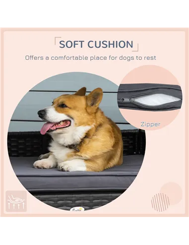 PawHut Wicker Dog Bed, Elevated Rattan Dog House with Removable Cushion and Canopy, for Small and Medium Dogs, 98 x 69 x 70cm - 